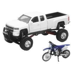 New Ray Die-Cast White Chevy Silverado 4x4 With Yamaha Dirt Bike 1:43 Scale #SS-54416